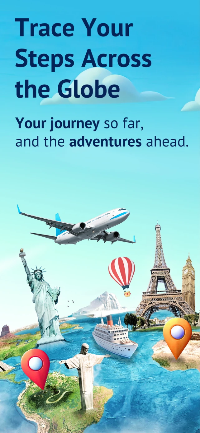 Illustration of world landmarks β the Statue of Liberty, Eiffel Tower, Big Ben and Christ the Redeemer β with a plane, cruise ship and map pins, titled Trace Your Steps Across the Globe
