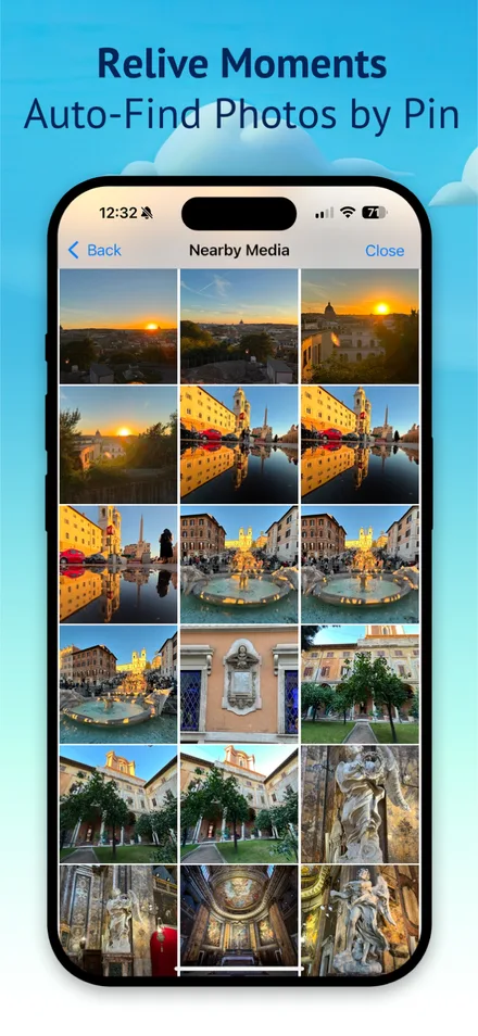 iPhone showing a Nearby Media grid of travel photos found for a pin β Rome sunsets, fountains, statues and courtyards β titled Relive Moments, Auto-Find Photos by Pin